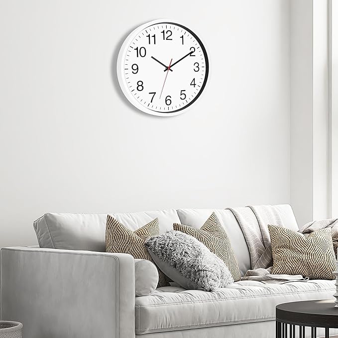 Foxtop White Wall Clock Silent Non-Ticking 12 Inch Quartz Battery Operated Round Analog Wall Clock for Classroom School Office Living Room Bedroom Home
