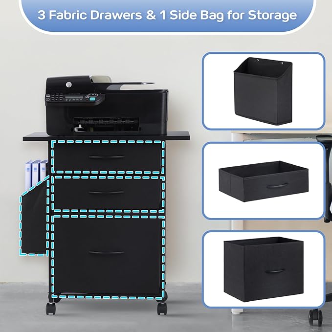 Printer Stand with 3 Fabric Drawer, Mobile File Cabinet for Home Office with Storage Bag, Rolling Under Desk Organizer Shelf, Fits A4 or Letter Size, Complete Top Plate Fast Assembly (Night Black)