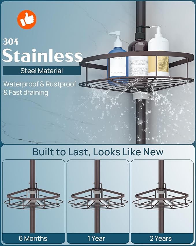 SEIRIONE Rustproof Shower Corner Caddy Organizer for Bathroom,Tension Pole with 4 Baskets, for Bathtub Storage Rack, 34 to 116 Inch Height, Bronze