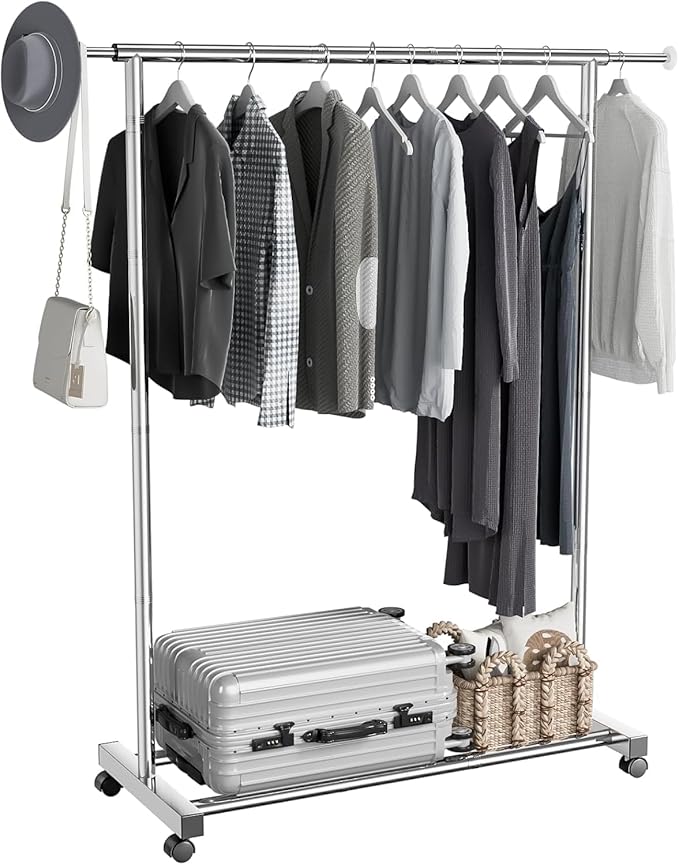 Clothing Rack for Hanging Clothes, Stainless Steels Rolling Clothes Rack, Coat Rack, Garment Rack, Portable Closet Rack, Free Standing Clothes Rack with Wheels, Adjustable Length