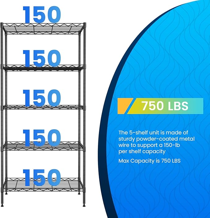 PayLessHere Metal Shelf Shelving Unit Wire Shelving with 5 Tier NSF Certified Closet Shelves Storage Garage Shelves for Home Kitchen Office Warehouse Wire Rack Shelf Standing Shelf Units, Black