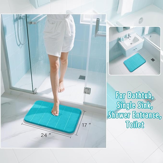 Yimobra Memory Foam Bath Mat, Super Soft Absorbent Bathroom Rug Non Slip 24x17 Inch, Quick Dry, Machine Washable Floor Carpet for Tub Shower, Home Decor Accessories, Lake Blue