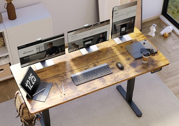 Claiks Electric Standing Desk, Adjustable Height Stand up Desk, 63x24 Inches Sit Stand Home Office Desk with Splice Board, Black Frame/Rustic Brown Top