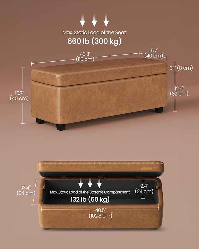 VASAGLE EKHO Collection - Storage Ottoman Bench, Entryway Bedroom Bench, 25 Gallons, Synthetic Leather with Stitching, Mid-Century Modern, Safety Hinges, Loads 660 lb, Caramel Brown ULOM075K01