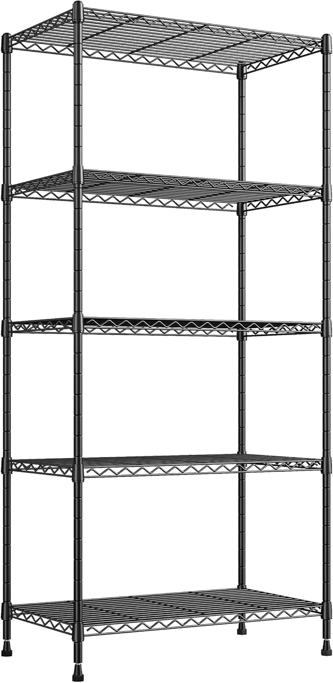 REIBII 1000LBS Wire Shelving Unit, 5 Tier Adjustable Metal Storage Shelves for Kitchen Pantry Office Steel Organizer Wire Rack for Narrow Space College Dorm School, 13.4" D x 23.2" W x 60" H, Black