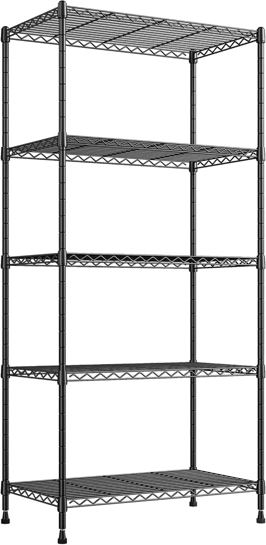 REIBII 1000LBS Wire Shelving Unit, 5 Tier Adjustable Metal Storage Shelves for Kitchen Pantry Office Steel Organizer Wire Rack for Narrow Space College Dorm School, 13.4" D x 23.2" W x 60" H, Black