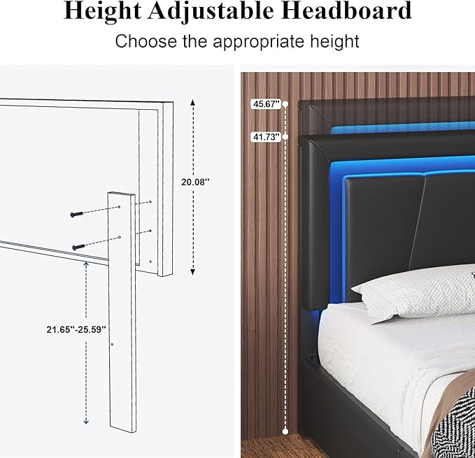 Queen Size Bed Frame with 4 Storage Drawers and LED Lights, Upholstered Platform Bed with Adjustable Headboard and Charging Station, Metal Slats Support, No Box Spring Needed,Easy Assembly, Black