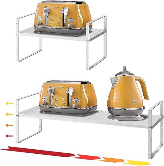 16.5~27.1" Expandable Shelf Organizer, 1Pack 8.1" Wide Stackable Cabinet Shelf Organizers, White Metal Sturdy Kitchen Counter Storage for Countertop, Adjustable Height Spice Rack