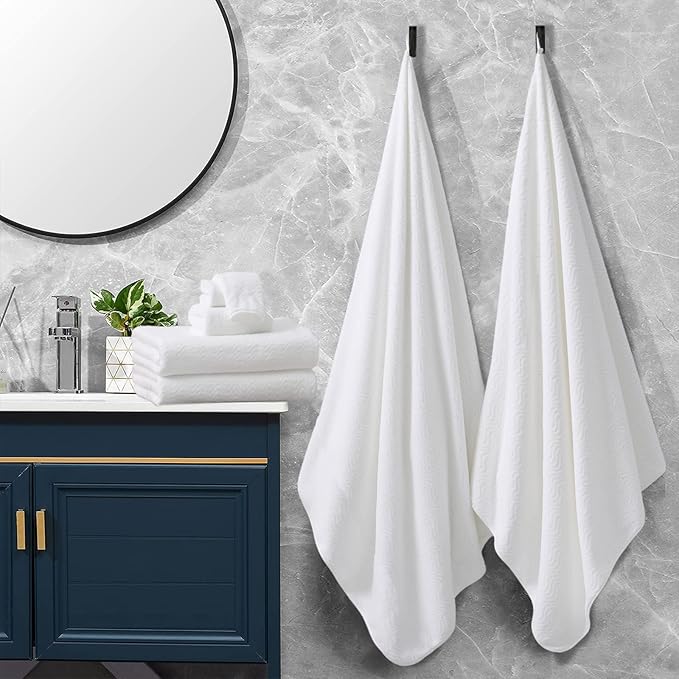 White Bathroom Towels Set of 4, 35x70 Inches Oversized Bath Towels Extra Large Microfiber Shower Towels Textured Ultra Soft Absorbent Quick Dry Towel Bath Sheets for Adults Bathroom Hotel Spa
