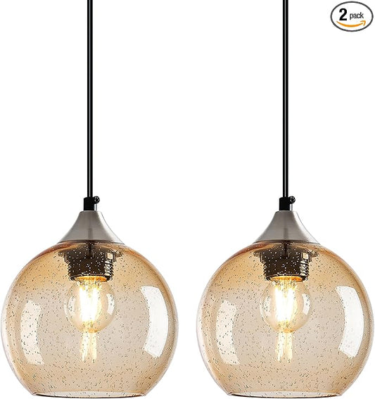 Light Brown Glass Pendant Lights Kitchen Island Globe Pendant Light Fixtures Modern Pendant Lighting for Bedroom Living Dining Room Light Fixture (5.9 in, 2 Pack)