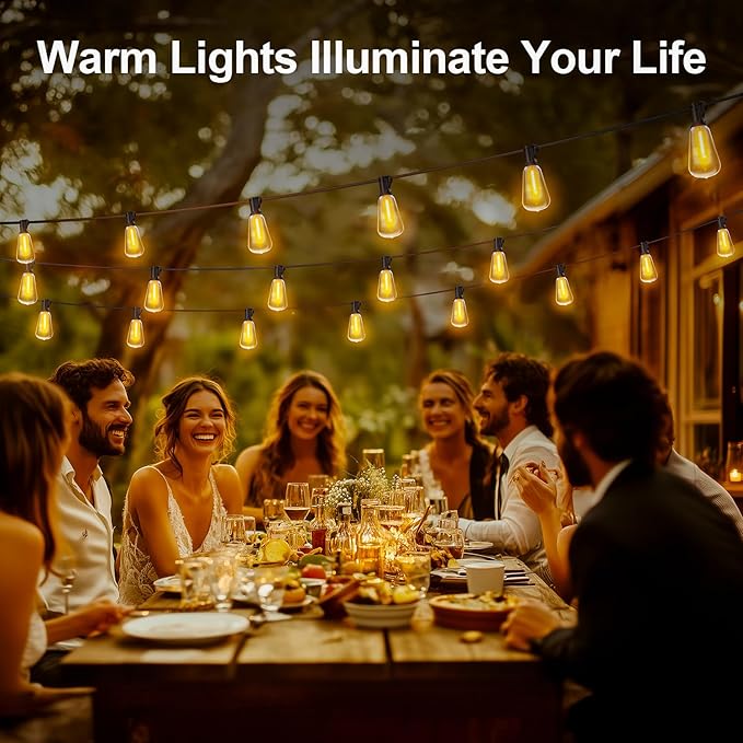 Outdoor String Led Patio Lights - 50Ft 15M Outside Waterproof Light With Remote Dimmable ST38 Shatterproof Bulb Connectable Hanging Outdoor Electric Lighting For Backyard Yard Gazebo Porch Party