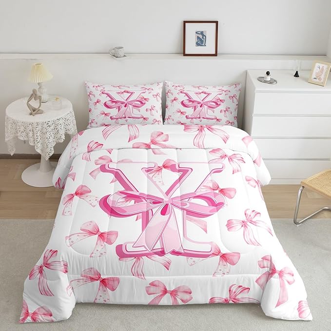 jejeloiu Kids Girls Cute Pink Bow Comforter Set King Size Monogrammed Bedding Set Ultra Soft Personalized Initial Y Duvet Quilt Coquette Bow Knot Quilt Set Room Decor Modern Fashion Comforter