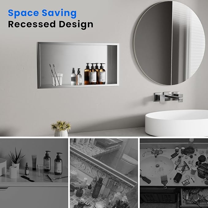 POPFLY 24X12 Inch Shower Niche Shelf, Brushed Nickel Shower Niche Stainless Steel, No Tile Needed Bathroom Storage Shelfs Recessed Wall Niche