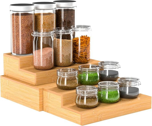 Spice Rack, Bamboo Spice Rack Kitchen Cabinet Organizer Expandable - Bamboo 4 Tier Figurine Display Shelf, Adjustable Magnetic 4 Tier Spice Racks, Brown