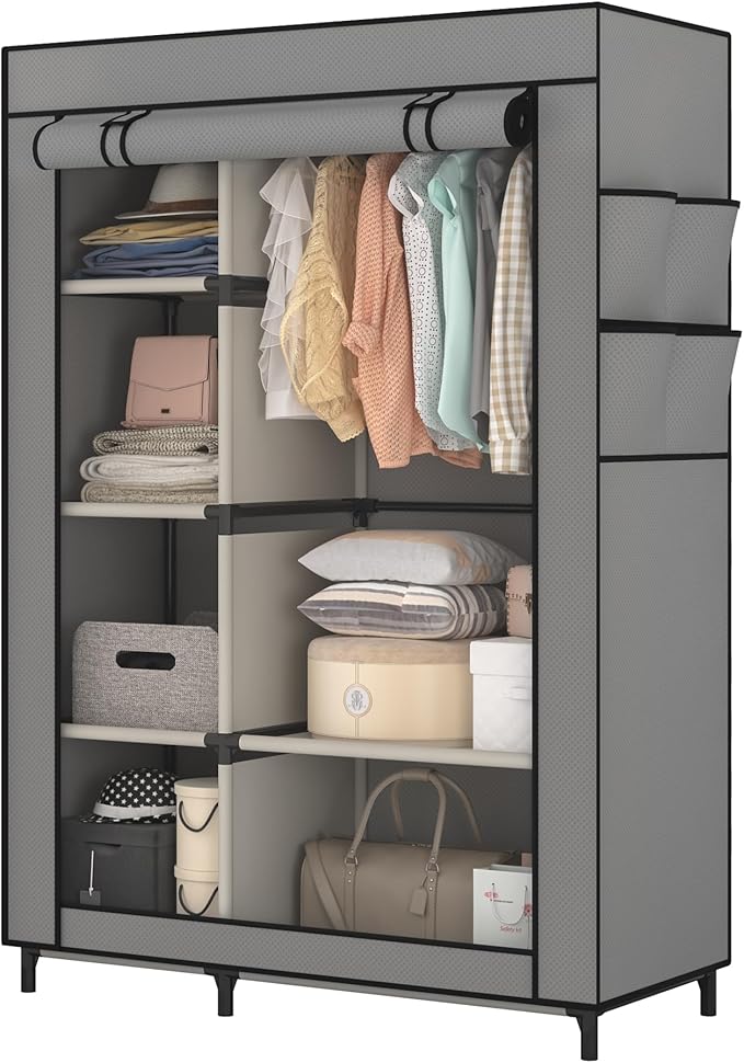Calmootey Portable Closet Organizers, Clothing Storage, Wardrobe with 6 Shelves and Hanging Rod, Non-Woven Fabric Cover with 4 Side Pockets, Grey