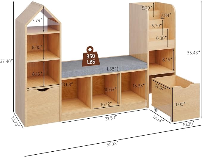 Kids Bookcase and Bookshelf with Reading Nook, Toy Storage Organizer, Oak Bookcase with 7 Storage Cubbies, 2 Movable Drawers and Seat Cushion for Kids Room, Playroom, Bedroom