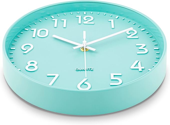 Bernhard Products Seafoam Green Wall Clock 10 Inch, Silent Non-Ticking, Quality Quartz 3D Numbers Battery Operated Round Pretty Clock for Kitchen/Office/Kids Bedroom/Baby Nursery Room