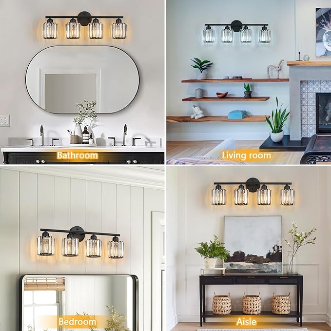 Modern 4 Light Crystal Vanity Light, Black Vertical Bathroom Light Fixture Over Mirror for Dressing Table Sink, Compatible with Dimmable Bulbs (Bulbs Not Included)
