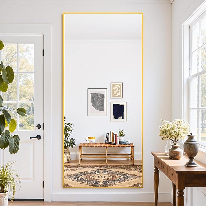 Full Length Mirror, 71"x32" Oversized Floor Mirror Freestanding, Full Body Mirror Floor Standing Mirrors with Stand, Hanging Mounted Mirrors for Bedroom Living Room, Gold, Rect Style