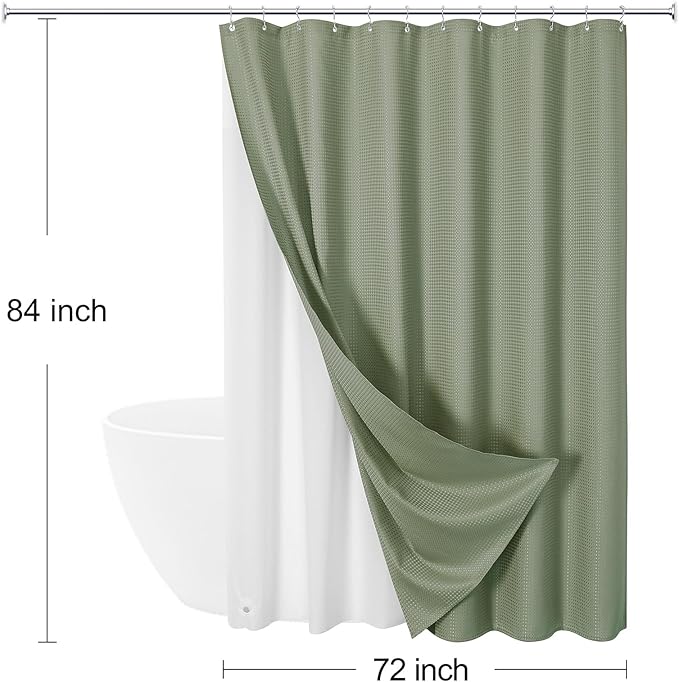 3 in 1 Extra Long Shower Curtain Set-72 W x 84 H, Sage Green Waffle and PEVA Liner Set with 12 Stainless Steel Hooks, Waterproof Fabric for Bathroom