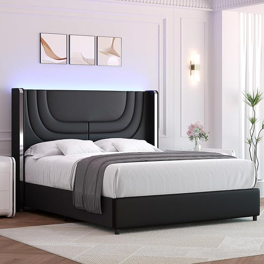 Black Queen Bed Frame with LED Lights, Faux Leather Upholstered Platform with Silver Wingback Headboard, Modern Style, No Box Spring Needed, Easy Assembly, Black