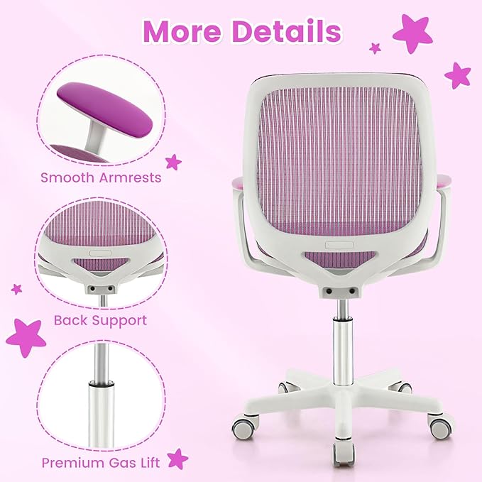 Costzon Kids Desk Chair, Height Adjustable Children Study Computer Chair with Armrests, Sit-Brake Casters, Swivel Mesh Task Chair for Boys Girls Teens Students, Kids Chair for Home, Office (Purple)