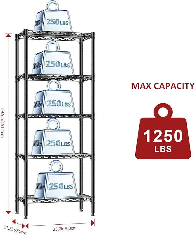 IZEUK 5 Tier Steel Storage Shelves, Heavy Duty Metal Shelf Wire Shelving Rack for Pantry, Kitchen, Living Room, or Office Organization (11.8" D x 23.6" W x 59.5" H, 1250LBS, Black)