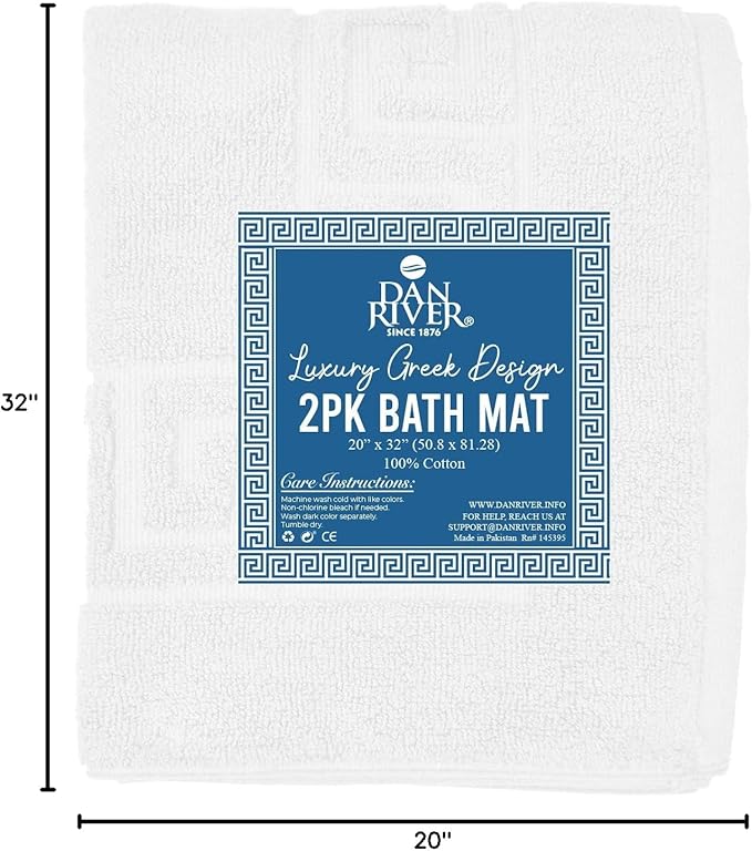 DAN RIVER Greek Bath Mat - White, 100% Ring Spun Cotton, Pack of 2, 20x32 inches, 800 GSM, Non-Slip, Absorbent, Quick Drying, Machine Washable Bathroom Floor Mats for Shower, Kitchen & Bath