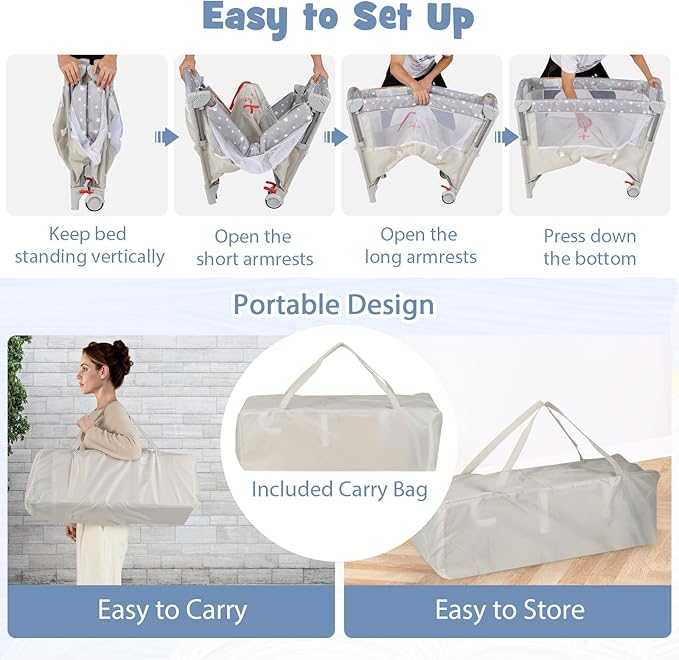 BABY JOY 5-in-1 Pack and Play, Portable Baby Bedside Sleeper with Bassinet, U-Shaped Diaper Changer, Safety Strap, Side Zipper Entrance, Hangings, Bedside Crib Playard from Newborn to Toddlers (Beige)