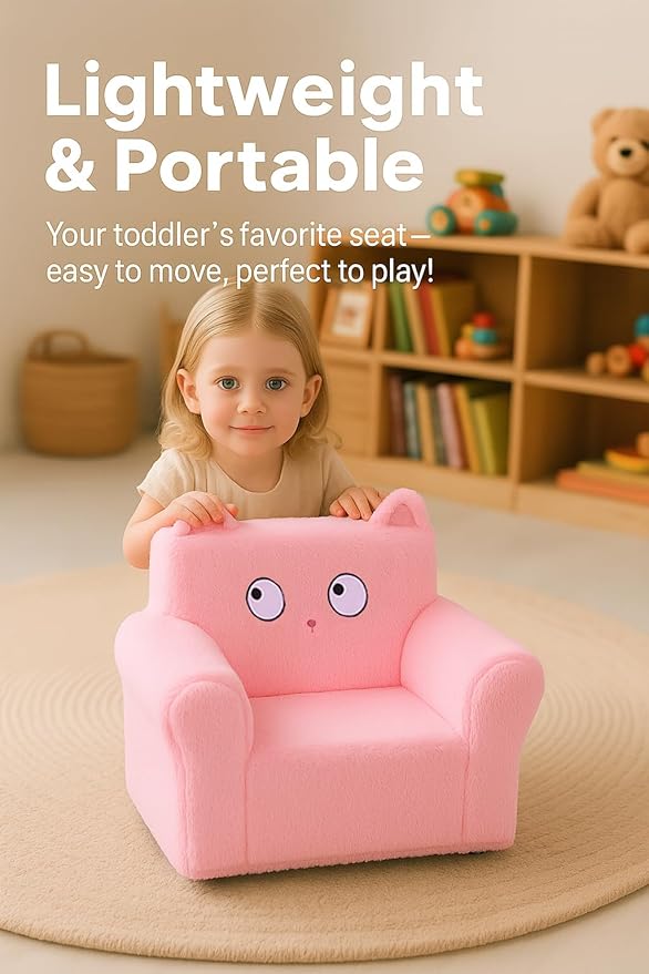 Cute Animal Toddler Foam Chair, Soft Faux Rabbit Fur, Removable Washable Cover, Kids Reading, Watching TV, or Relaxing, for Playroom, Bedroom, Living Room, 1-3 Years Old, Pink Cat