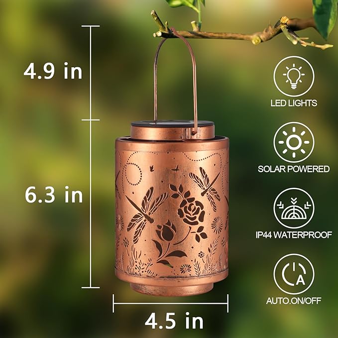 Solar Dragonfly Garden Decor LED Light Hanging Waterproof Metal Lantern for Patio, Pathway, Yard
