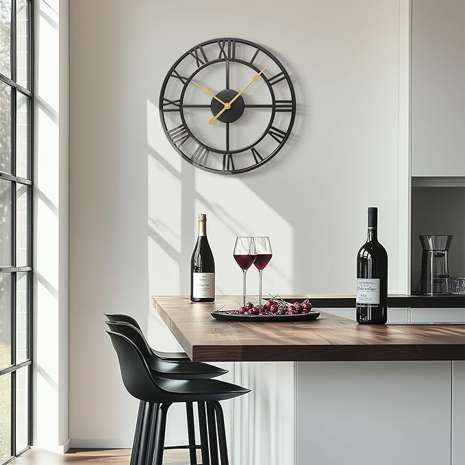 16 Inch Wall Clock for Living Room, Black Metal Wall Clock Battery Operated, Round Roman Numeral Decorative Clocks for Bedroom, Home, Kitchen, Office, Wall Decor