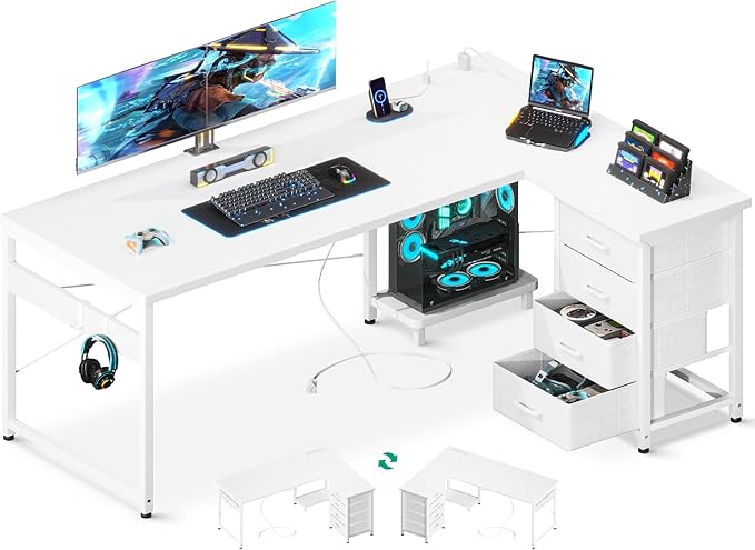 ODK 61'' L Shaped Desk with 4 Drawers, Reversible Corner Desk with Storage, Gaming Table with Power Outlets, USB Ports, PC Case Shelf, Computer Desk for Home Office, Study, Easy Assembly, White