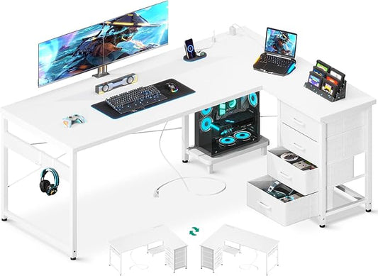 ODK 61'' L Shaped Desk with 4 Drawers, Reversible Corner Desk with Storage, Gaming Table with Power Outlets, USB Ports, PC Case Shelf, Computer Desk for Home Office, Study, Easy Assembly, White