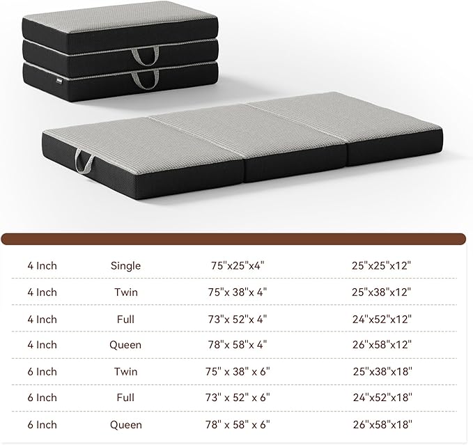 Memory Foam Trifold Mattress - Twin Portable Floor Bed 6 Inch, Foldable Mat with Washable Cover, Handle & Non-Slip Bottom, for RV, Travel, Camping, Yoga, 75"x38"x6"