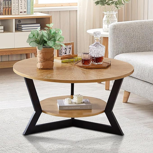 Round Wood Coffee Table for Living Room, 2-Tier Rustic Circle Coffee Table with Storage, 35”x 17” Real Wood Desktop with Metal Frame, Radial Pattern
