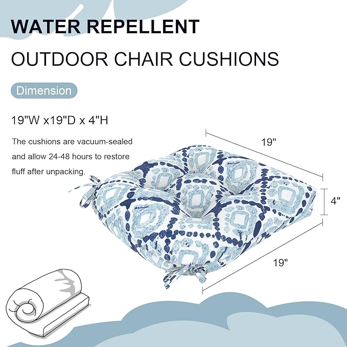 Set of 2 Outdoor Tufted Chair Cushions 19"x19"x4", Water Repellent Patio Seat Cushions with Ties, Replacement Chair Pads for Wicker Dining and Patio Furniture - Boho Geometry Blue