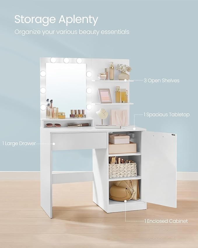 VASAGLE Kailyn Collection - Vanity Desk with Power Outlets and LED Lights, 35.4-Inch Wide Makeup Table with Mirror, Drawer and Cabinet, for Bedroom, Cloud White URDT128WB01V1S