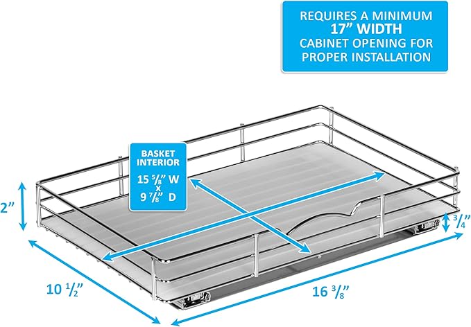 Pull Out Cabinet Organizer for Spices, Cans - Heavy Duty with Lifetime Limited Warranty- Pull Out Spice Rack- Cabinet Pull Out Shelf for Cans,Dishes, Etc, 16-3/8"Wx 10-1/2"D x 2-3/4” H, Chrome