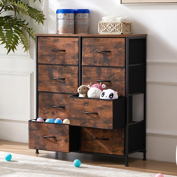 Sweetcrispy Dresser with 8 Drawers for Bedroom, Fabric Dresser Storage Tower, Chest of Drawers Organizer Unit, Storage Cabinet for Hallway, Closets, Steel Frame, Wood Top, Brown