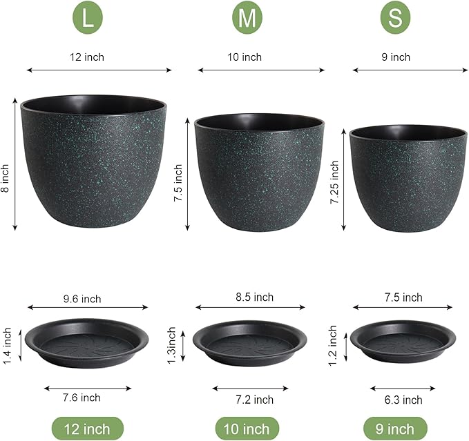 12/10/9 Large Modern Plant Pots, Plastic Planters with Drainage Holes and Saucers for Indoor Outdoor Plants Flowers, Black with Green Speckles