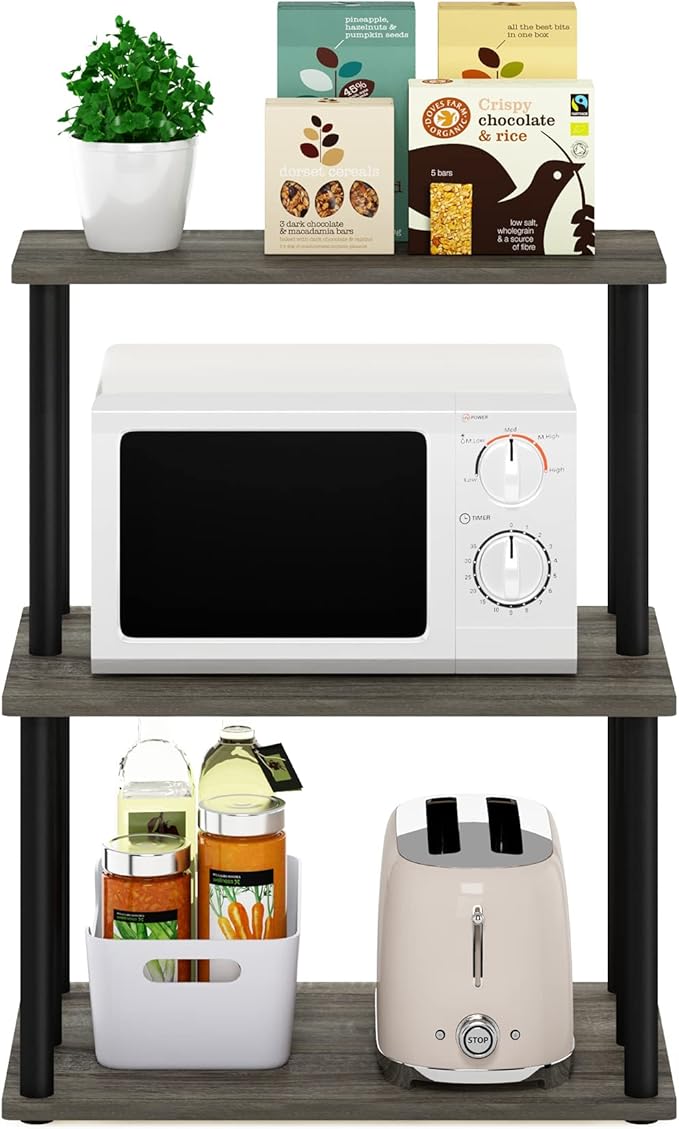 Furinno Turn-N-Tube 3-Tier Toolless Kitchen Storage Shelf, French Oak Grey/Black