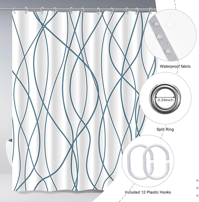 Punkray Lake Blue Shower Curtain for Bathroom with Hooks, Extra Long Shower Curtain Set Stripe Shower Curtains, Weighted Hem Water Repellent Washable, 72 x 72
