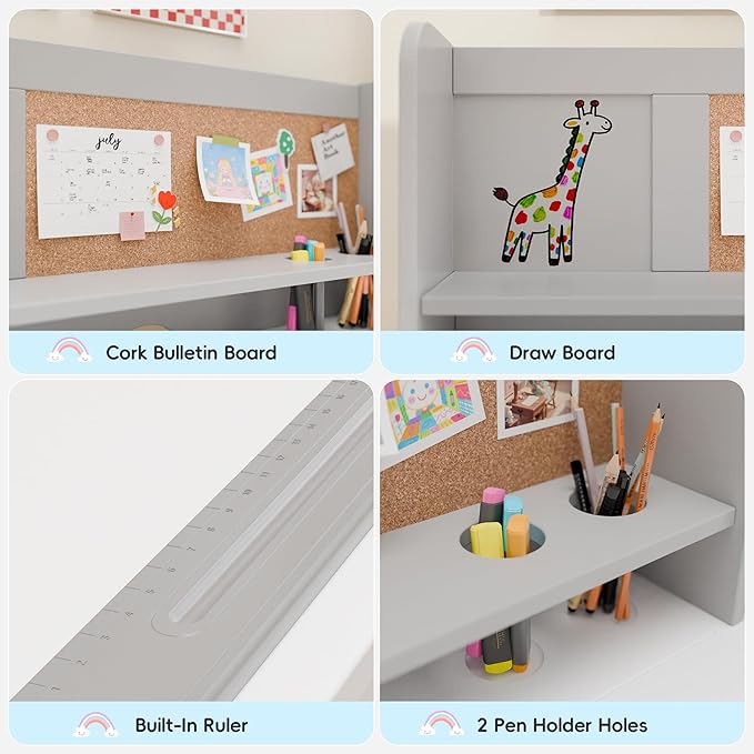 Kids Study Desk with Chair and Tiltable Desktop, Kids Stud Des and Chair Set with Hutch&Storage Cabinet, Wooden Children Study Table for 5-12 Years Old, Student Writing Desk for Bedroom (Grey)