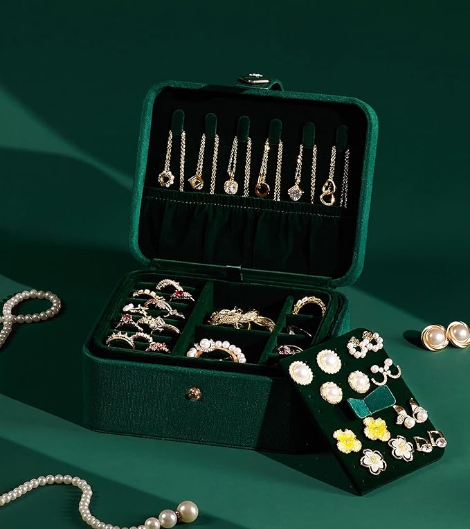 Homde Jewelry Box Small for Women: Ring Earring Organizer Storage for Dresser - Necklace Bracelets Holder with Multi Compartments(Dark Green)