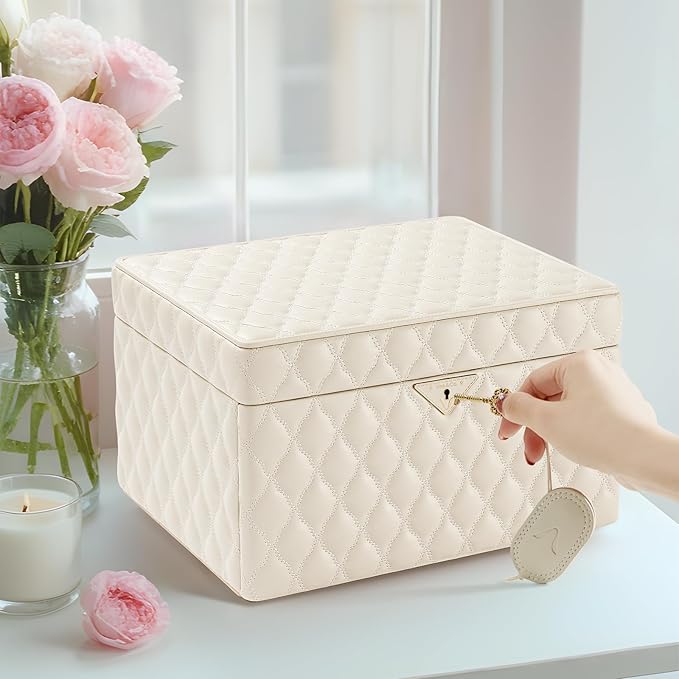 Vee Jewelry Box, 3-Layer Jewelry Case Diamond Quilted Leather Jewelry Organiser with Drawers,Jewelry Storage with big Mirror,Multipurpose Use with Key Lock,Gift Idea (beige, Large-13.39*10.04*8.66in)
