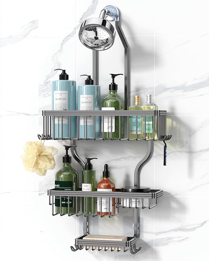 YASONIC Shower Caddy Hanging - Never Rust Organizer - Aluminum over The head caddy with 10 Hooks for Razor/Sponge - Shower Rack with Soap Basket - Grey