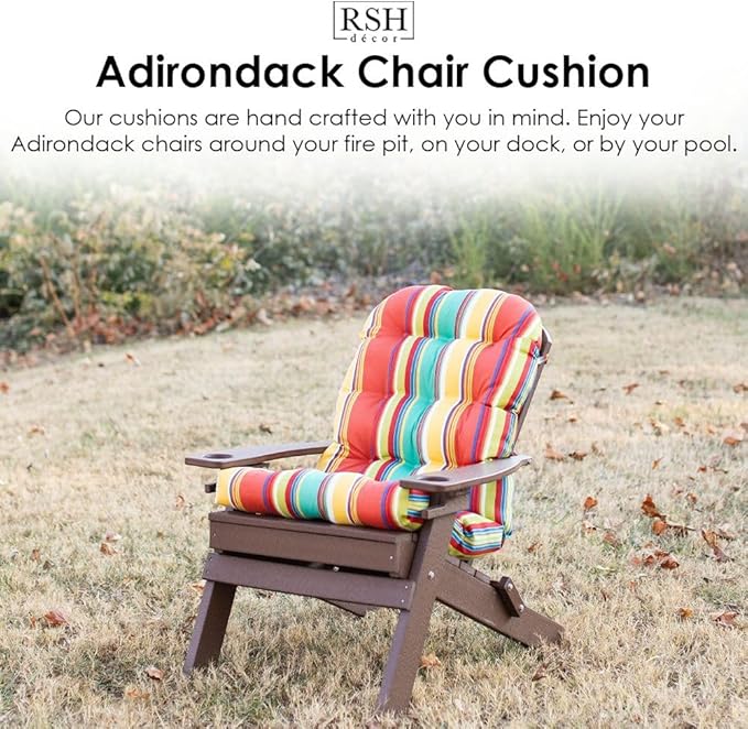 RSH DECOR: Tufted Adirondack Chair Cushion | 42.5” x 21” | All-Weather Spun Fabric | Water and Fade-Resistant | Outdoor Cushion for Patio Furniture | Cancun & White Stripe