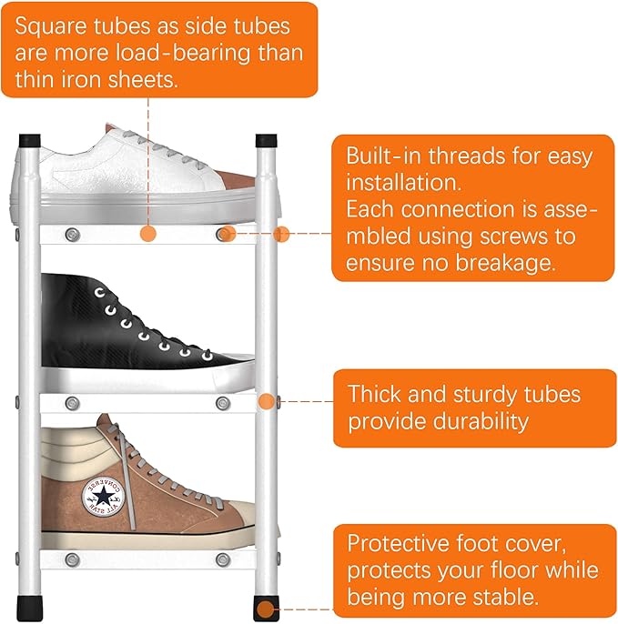 TZAMLI 3-Tier Shoe Rack for Closet, Expandable and Stackable Shoe Organizer Adjustable Metal Shoe Storage Small Shoe Shelf for Entryway Entrance, White