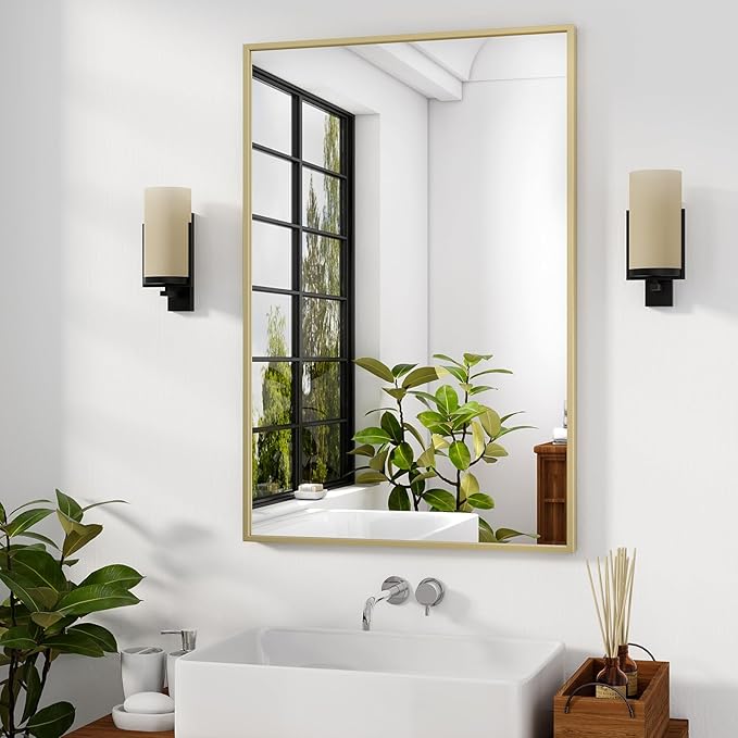 HARRITPURE 30"x20" Rectangular Bathroom Mirror Vanity Wall Mirrors Aluminium Alloy Frame Wall-Mounted for Over Sink Entryway Bedroom Living Room Gold